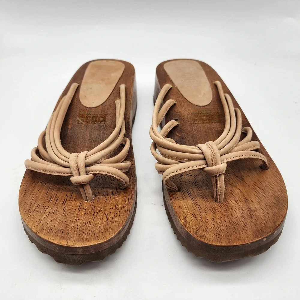 Bongo Vintage Y2K Wooden Platform Sandals Women's 8M Tan Leather Strappy Wedge